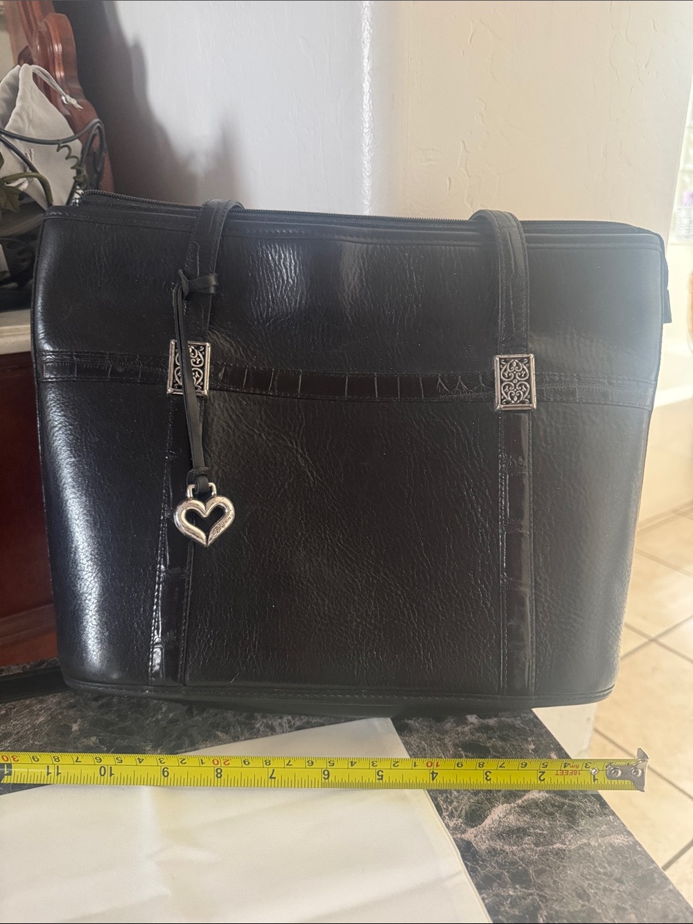 Brighton Black Leather Tote with Silver Heart Charm